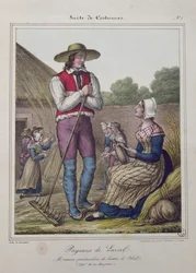 Trebbiatura del grano nella regione di Laval, c.1845